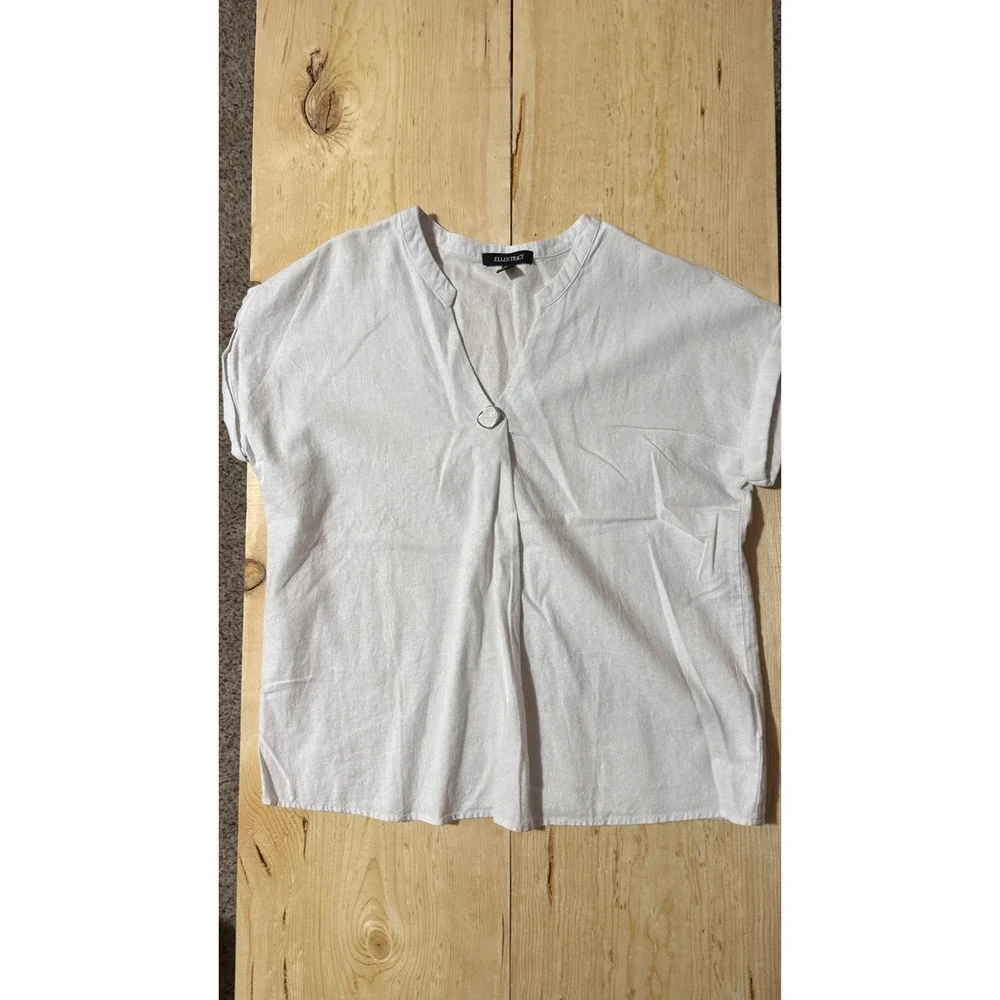 Ellen Tracy White Linen Blend V-Neck Blouse Short Sleeve Top‎ Women's M